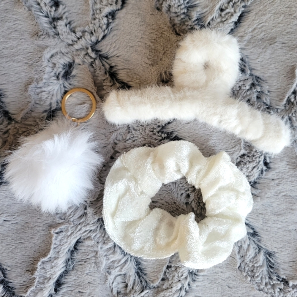 ✨BUNDLE 3/$20✨ Furry Claw Clip, Velvet Scrunchie, Soft Pom Keychain White Set